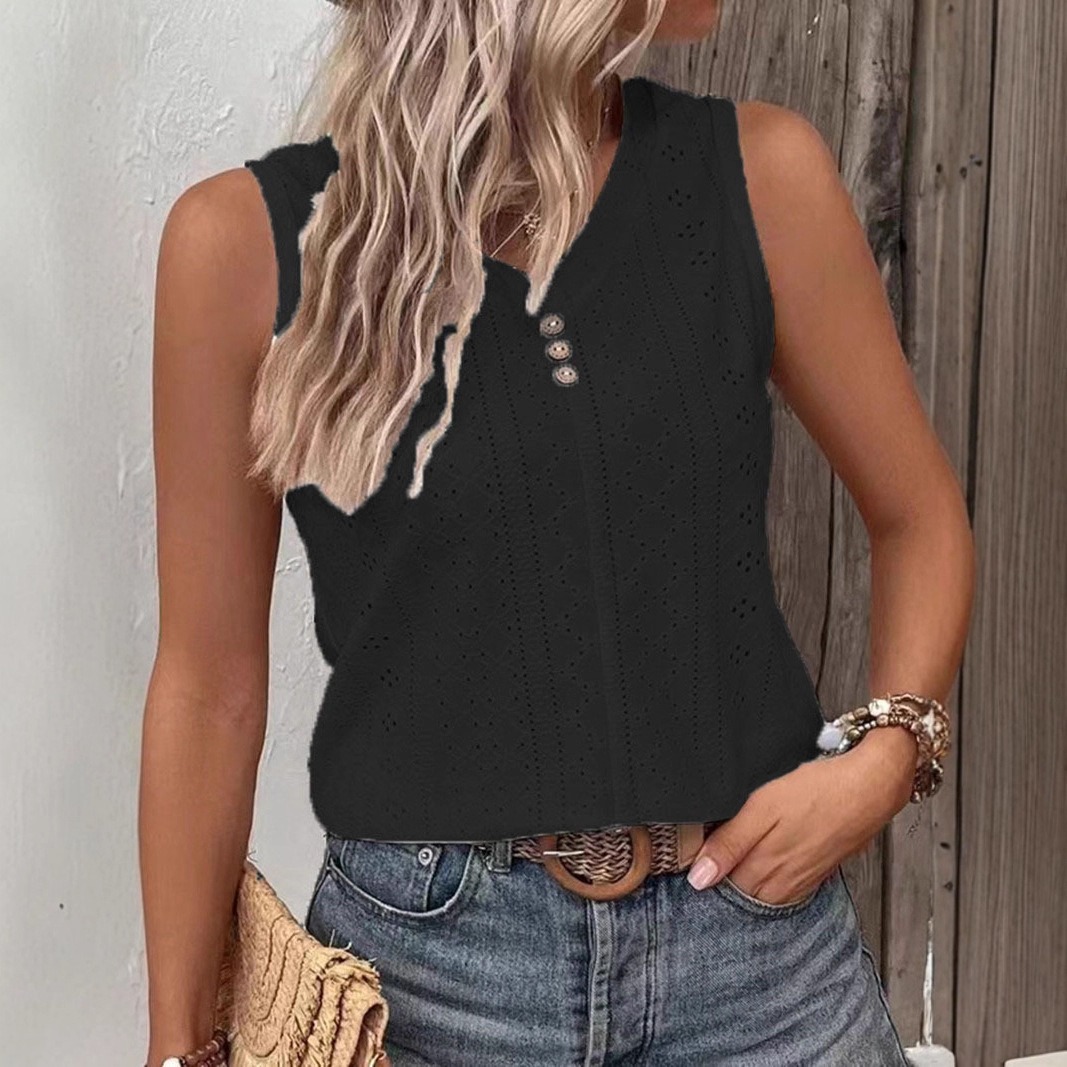 Debardeur léger pour femme col V boutonné jaune noir
