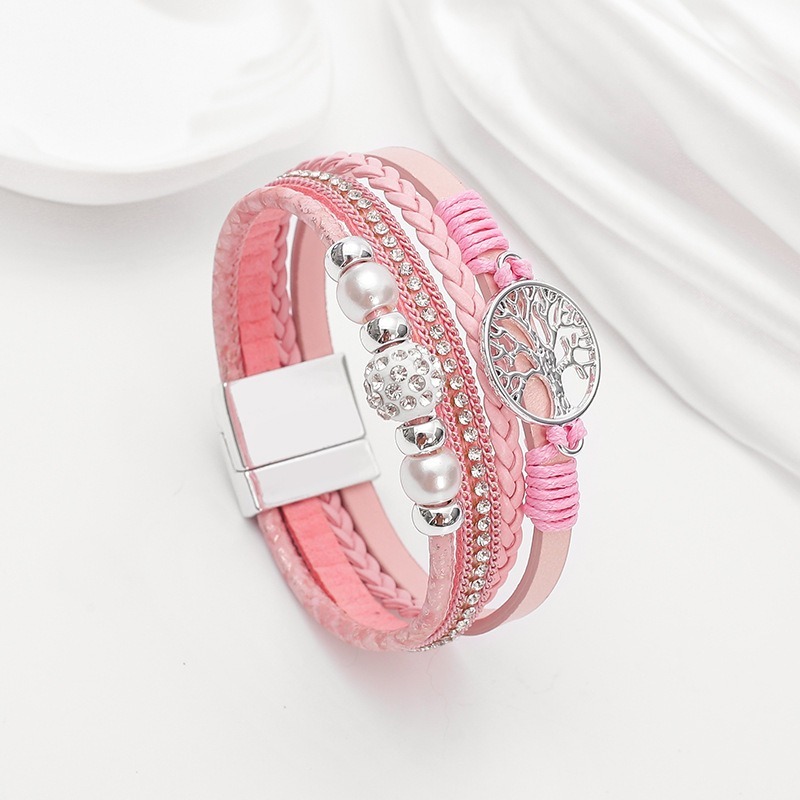 bracelet tressé arbre de vie rose