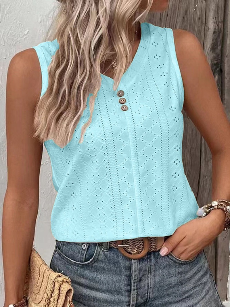 Debardeur léger pour femme col V boutonné bleu