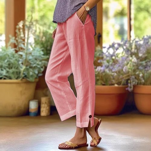 pantalon femme décontracté ample en coton et lin rose