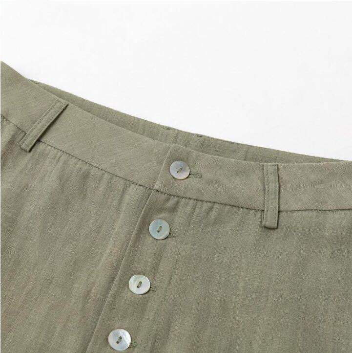pantalon femme en lin taille haute boutonnée