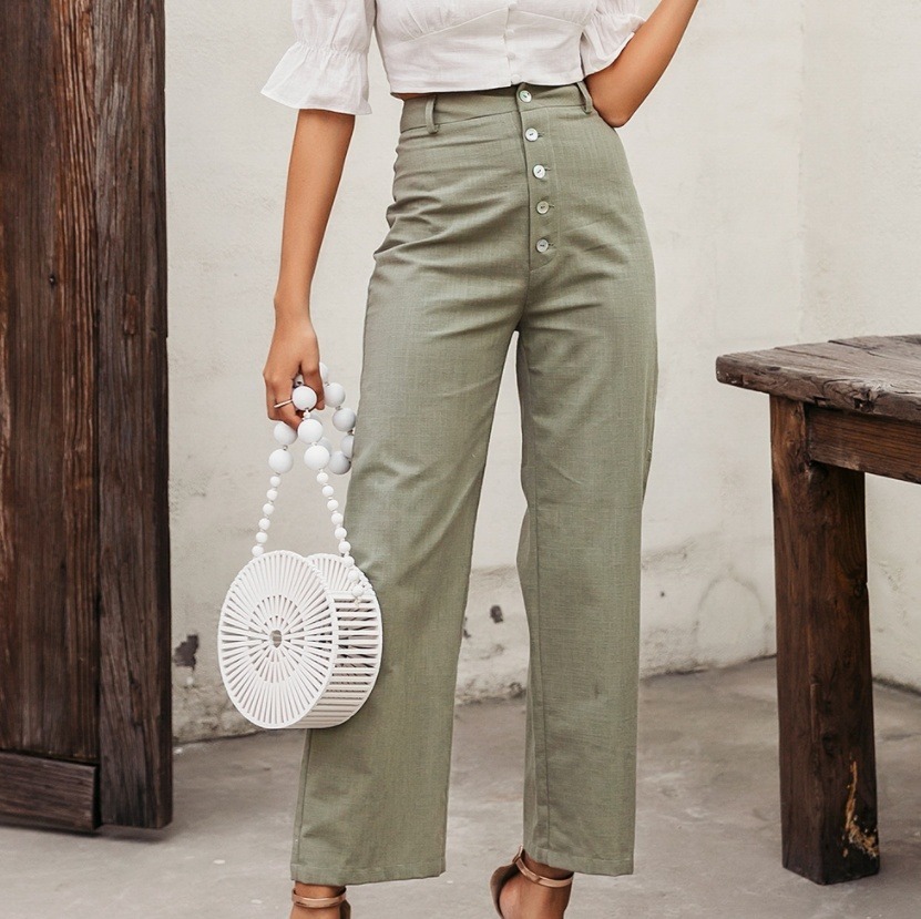 pantalon femme en lin taille haute boutonnée