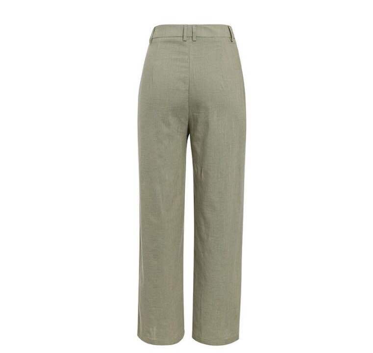 pantalon femme en lin taille haute boutonnée