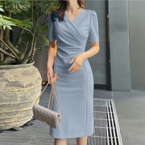 robe crayon col v croisé bleu