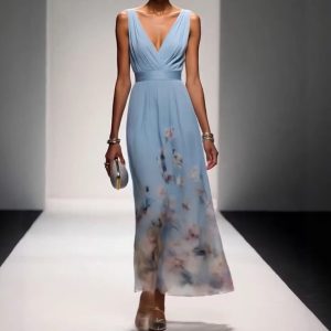 robe de soirée élégante en mousseline sans manches col croisé drapé bleu 2