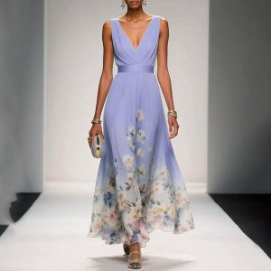 robe de soirée élégante en mousseline sans manches col croisé drapé mauve 1