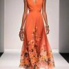 robe de soirée élégante en mousseline sans manches col croisé drapé orange