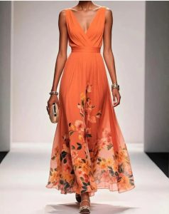 robe de soirée élégante en mousseline sans manches col croisé drapé orange