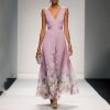 robe de soirée élégante en mousseline sans manches col croisé drapé rose 1