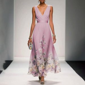 robe de soirée élégante en mousseline sans manches col croisé drapé rose 1