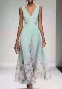 robe de soirée élégante en mousseline sans manches col croisé drapé vert pale