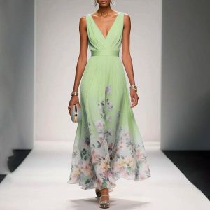 robe de soirée élégante en mousseline sans manches col croisé drapé vert