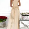 robe longue de cocktail asymétrique une épaule beige dos