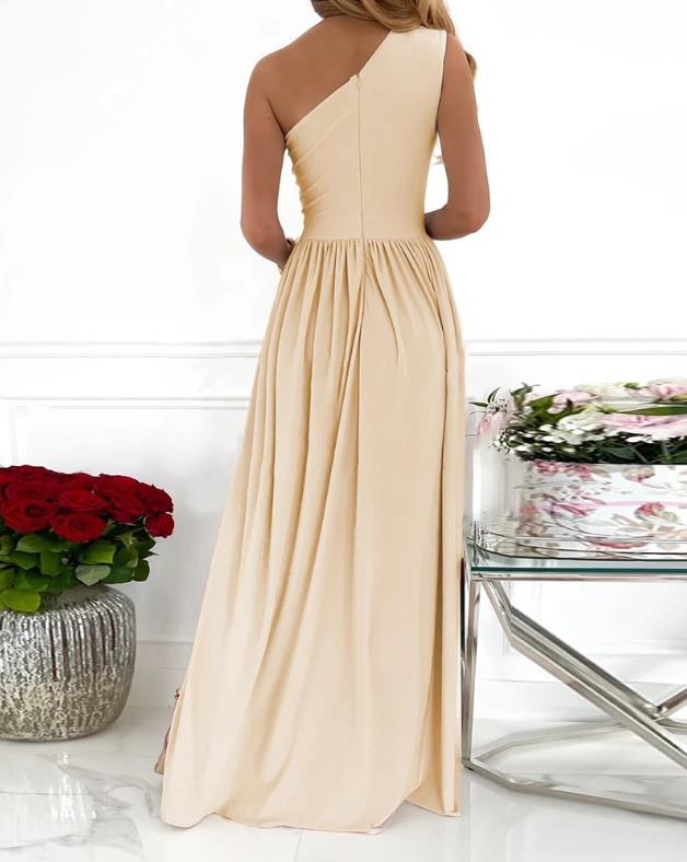 robe longue de cocktail asymétrique une épaule beige dos