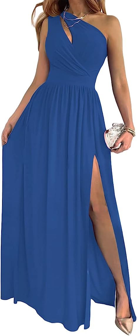 robe longue de cocktail asymétrique une épaule bleu 1