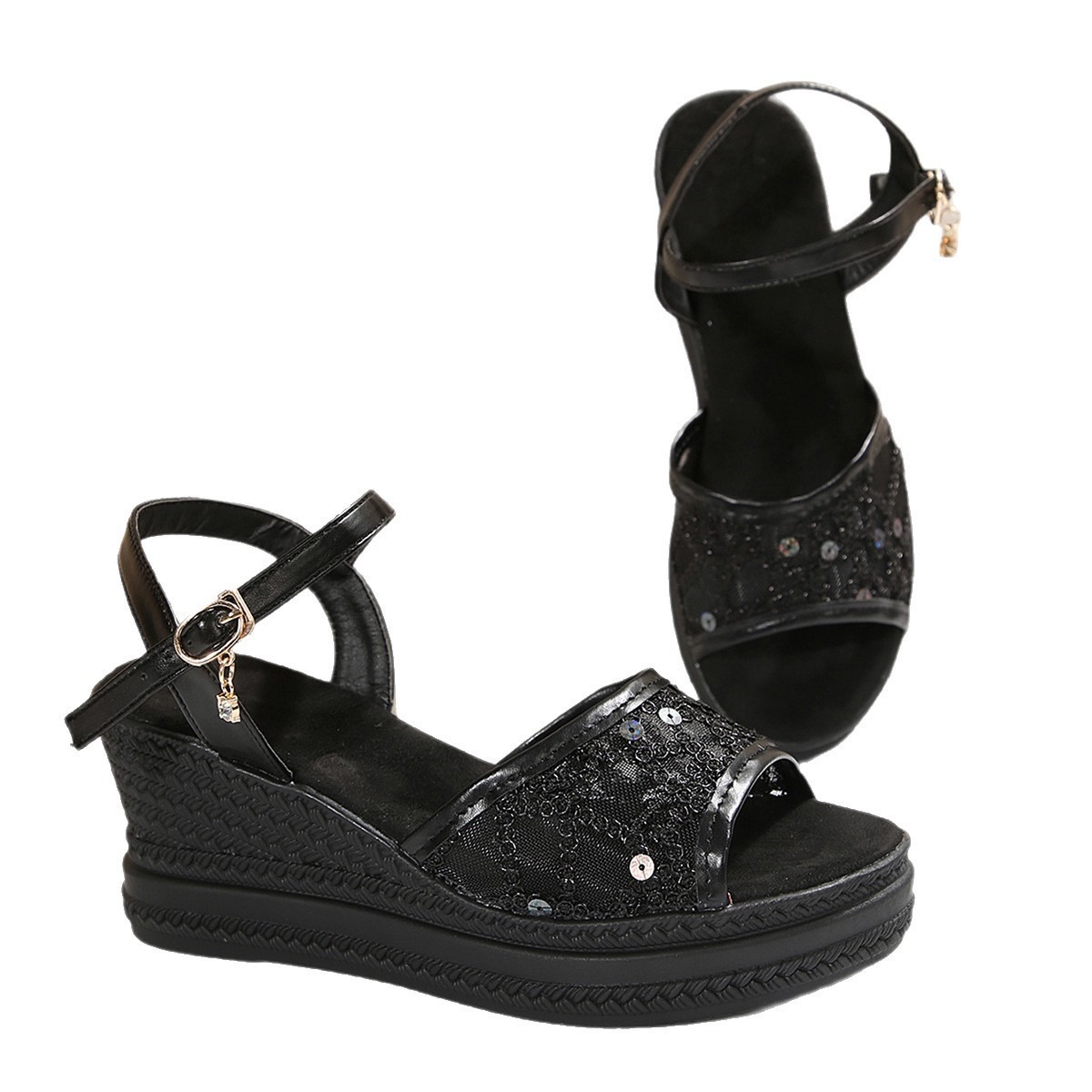 sandales compensées pour femme en maille noir 2