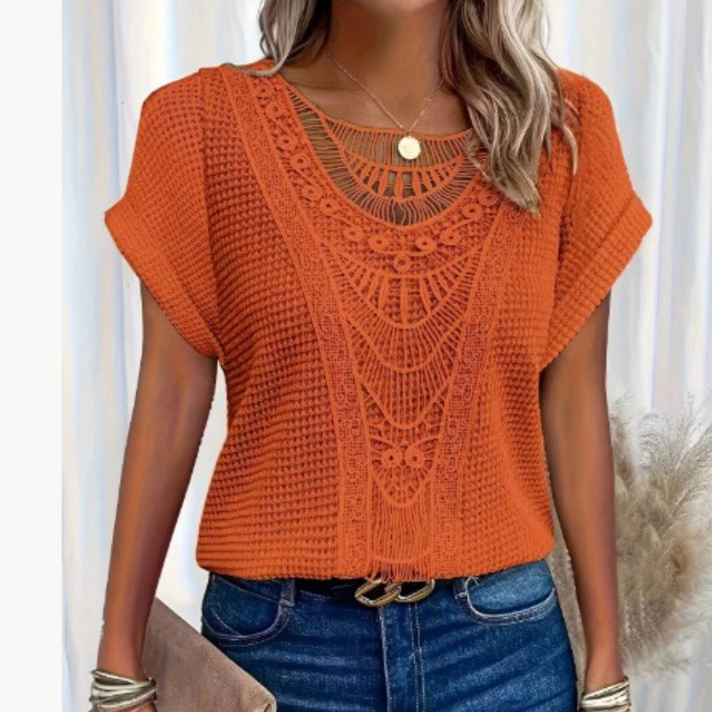 t shirt femme ajouré en maille à manches courtes
