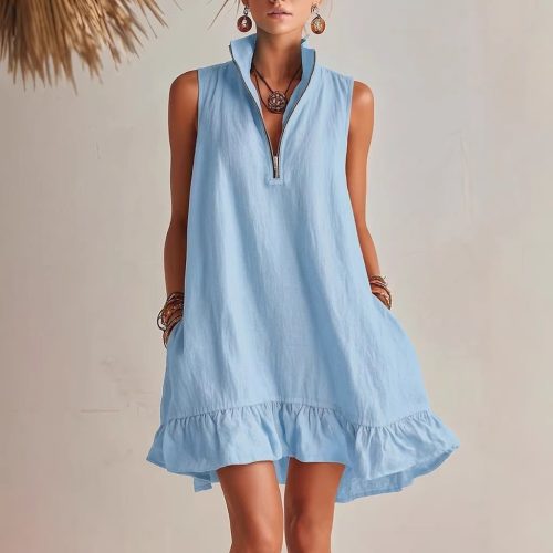 robe décontractée sans manches col zippé bleu