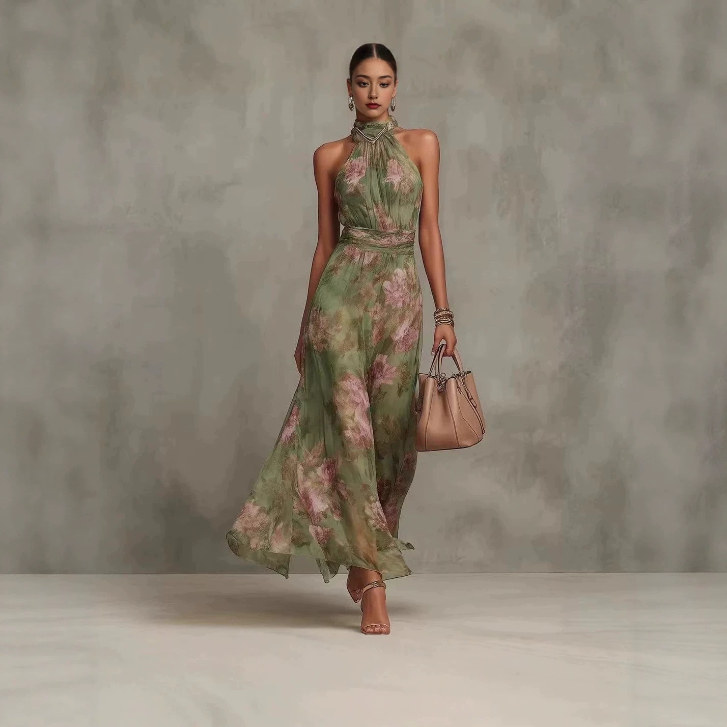 robe longue col cheminée froncé sans manches vert